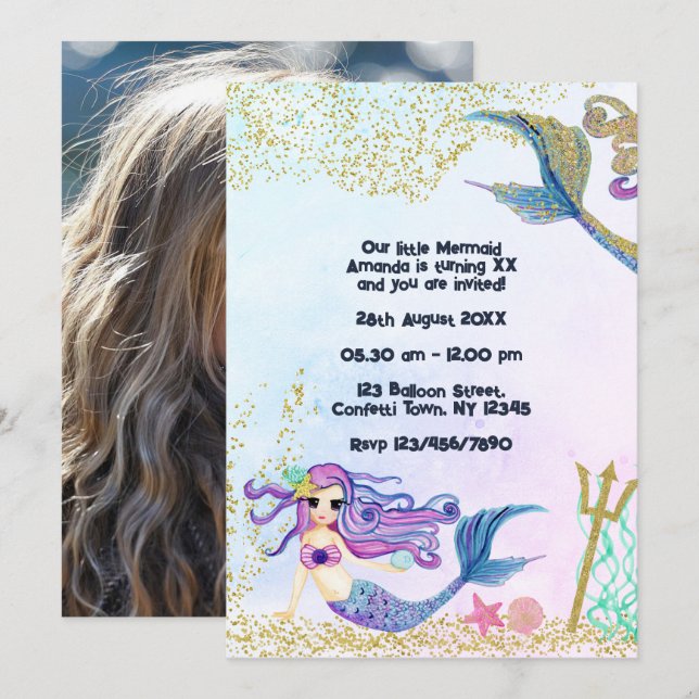 Invitación Fiesta de Cumpleaños de Sirena Mágica con Brillo F (Anverso / Reverso)