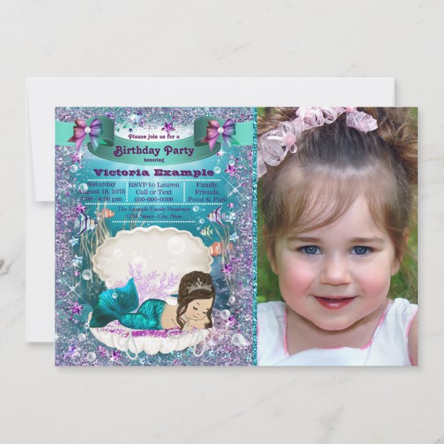 Invitación Fiesta de cumpleaños de sirena morada y Verde azul (Anverso)