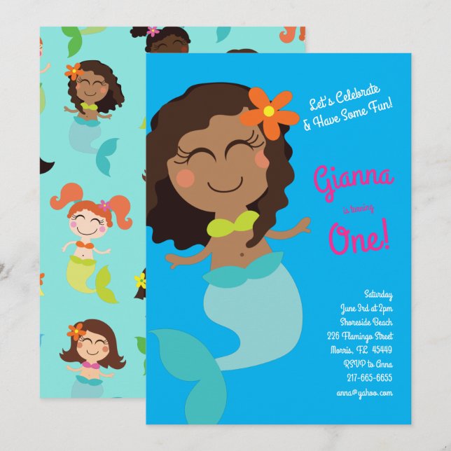Invitación Fiesta de cumpleaños de sirena negra para niños (Anverso / Reverso)