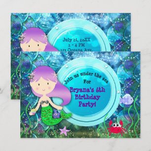Invitación Fiesta de Cumpleaños de Sirena Niña Bajo el Mar Pl