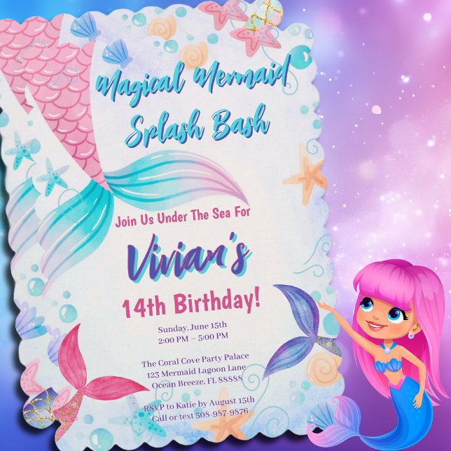 Invitación Fiesta de cumpleaños de Sirena Purpurinoso (Magical Mermaid Birthday Party Invitation)
