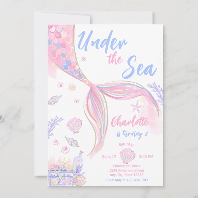 Invitación Fiesta de cumpleaños de sirena rosa bajo el mar (Anverso)