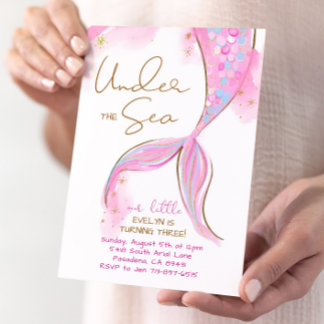 Invitación Fiesta de cumpleaños de sirena rosa bajo la sirena
