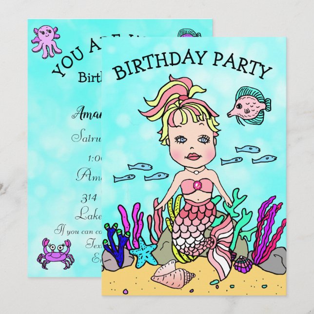 Invitación Fiesta de Cumpleaños de Sirena Rubia Bajo el Mar (Anverso / Reverso)