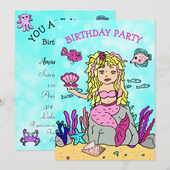 Invitación Fiesta de Cumpleaños de Sirena Rubia Bajo el Mar (Anverso / Reverso)