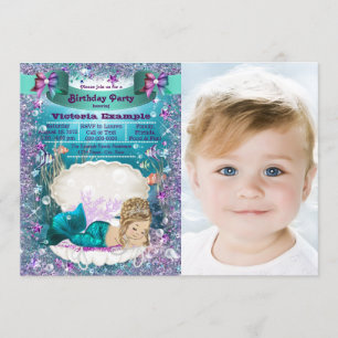 Invitación Fiesta de cumpleaños de sirena rubia morada y turq