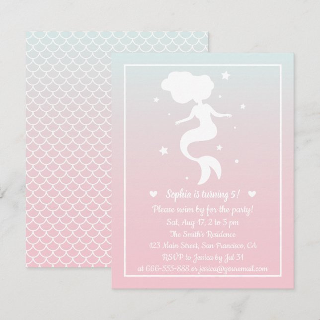Invitación Fiesta de Cumpleaños de Sirena Silueta Ombre Niñas (Anverso / Reverso)
