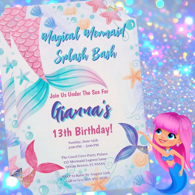Invitación Fiesta de cumpleaños de sirena Verde azulada morad (Magical Mermaid Birthday Party Invitation)
