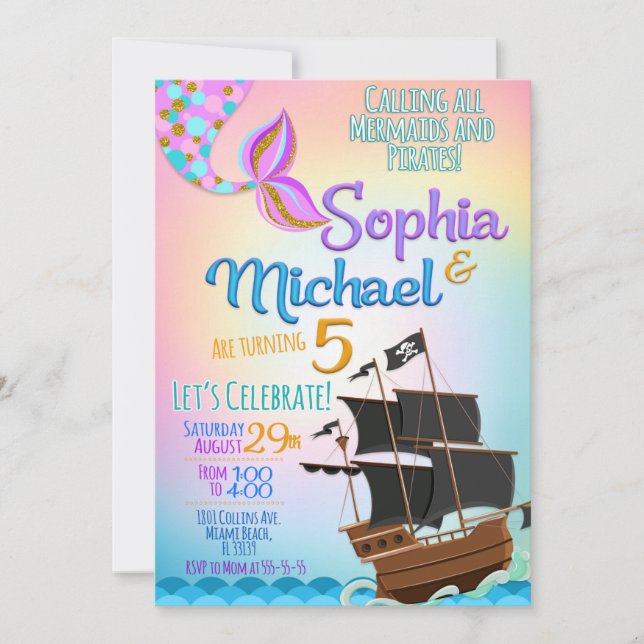 Invitación Fiesta de cumpleaños de Sirena y Pirata (Anverso)