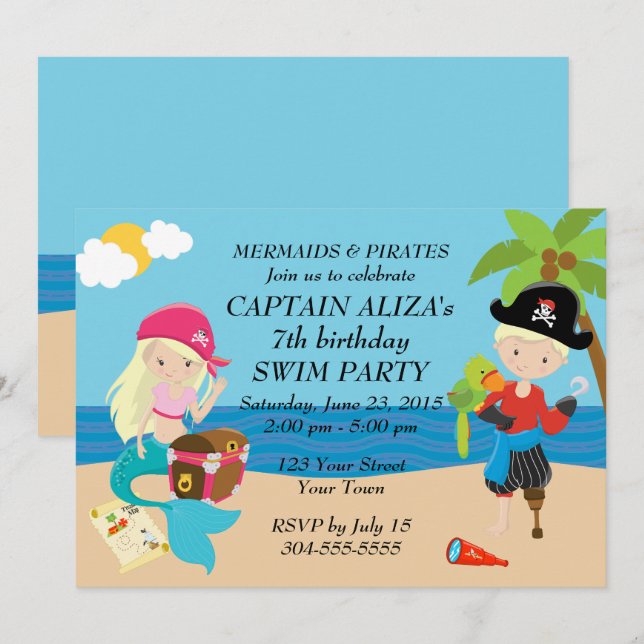 Invitación Fiesta de cumpleaños de Sirenas y Piratas (Anverso / Reverso)