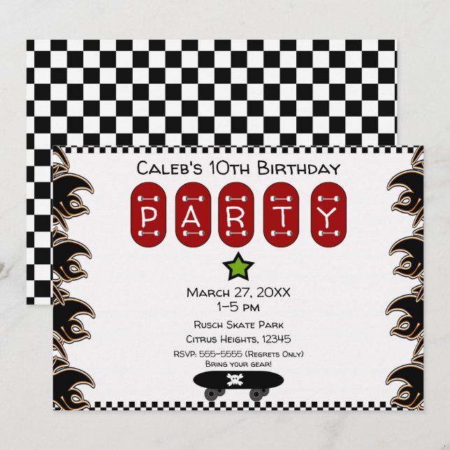 Invitación Fiesta de Cumpleaños de Skate con Patinador de Fue (Anverso / Reverso)