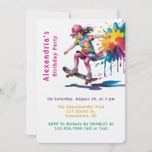 Invitación Fiesta de cumpleaños de skater chica pintada color