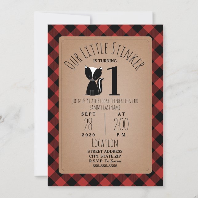 Invitación Fiesta de cumpleaños de Skunk Lumberjack Plaid (Anverso)