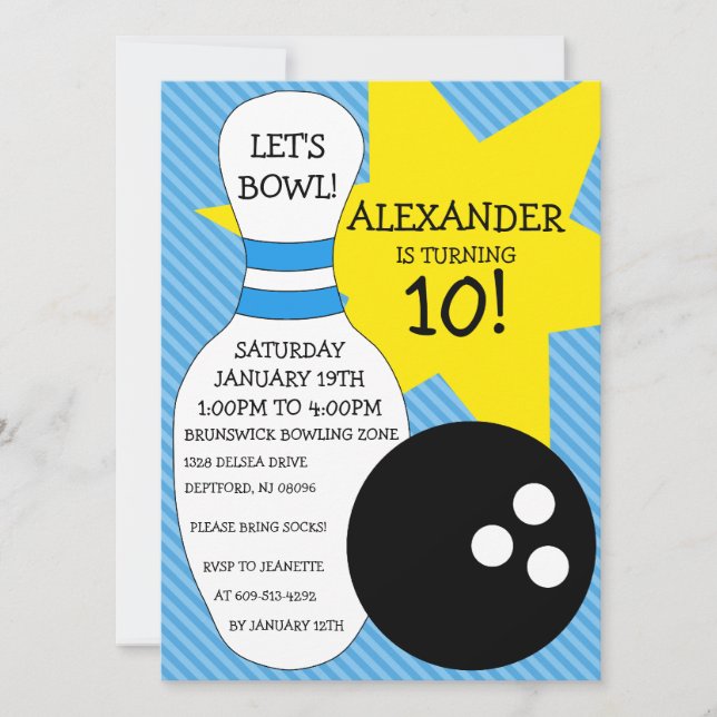 Invitación Fiesta de cumpleaños de Sky Blue Bowling (Anverso)
