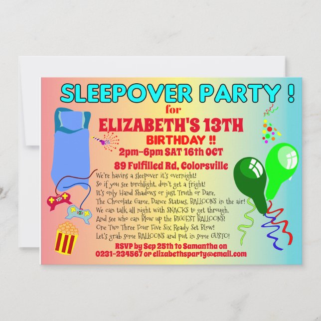 Invitación fiesta de cumpleaños de SLEEPOVER (Anverso)