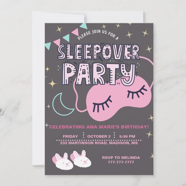 INVITACIÓN FIESTA DE CUMPLEAÑOS DE SLEEPOVER (Anverso)