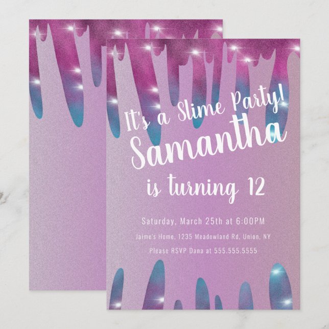 Invitación Fiesta de Cumpleaños de Slime Brillante con Gotita (Anverso / Reverso)