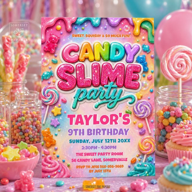 Invitación Fiesta de cumpleaños de Slime de Caramelo con Purp (Rainbow Glitter Candy Slime Birthday Party Invitation)