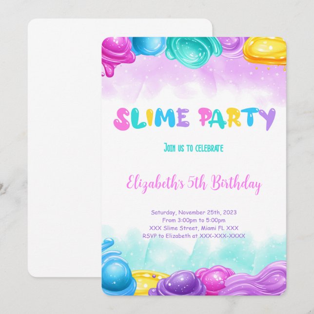 Invitación Fiesta de cumpleaños de Slime editable (Anverso / Reverso)