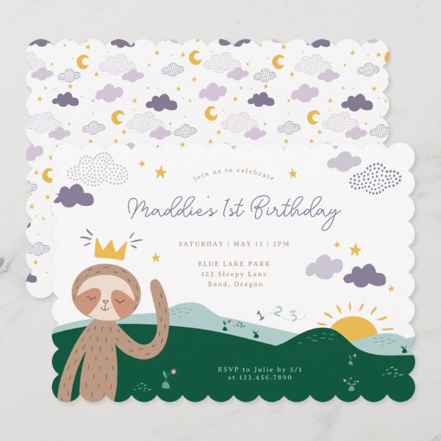 Invitación Fiesta de cumpleaños de Slumberkins Perezoso (Anverso / Reverso)