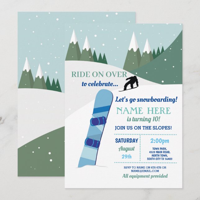 Invitación Fiesta de cumpleaños de snowboard desliza nieve en (Anverso / Reverso)