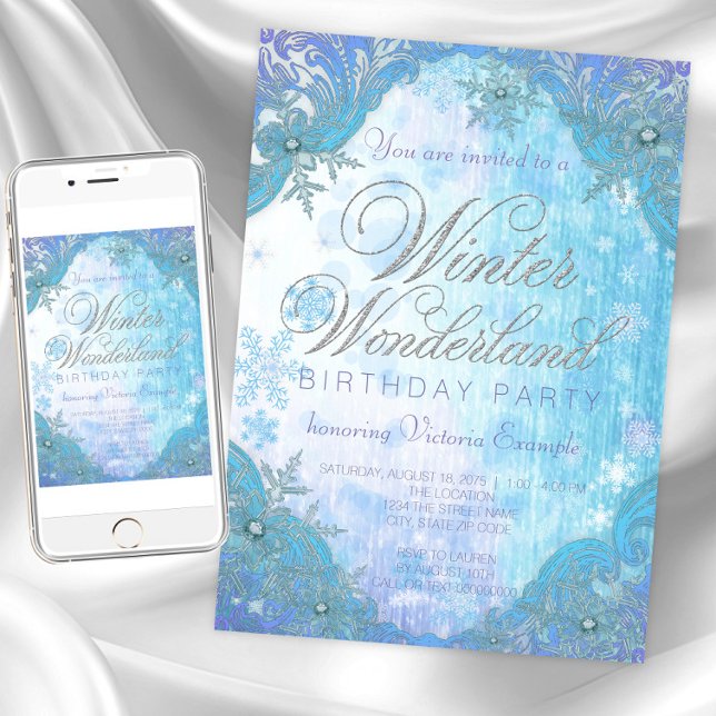 Invitación Fiesta de cumpleaños de Snowflake Frozen Winter Wo (Winter wonderland invitation any occasion. Instant download and printed invitations available.)