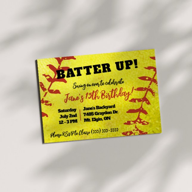 Invitación Fiesta de Cumpleaños de Softbol, Amarillo y Rojo p (Subido por el creador)