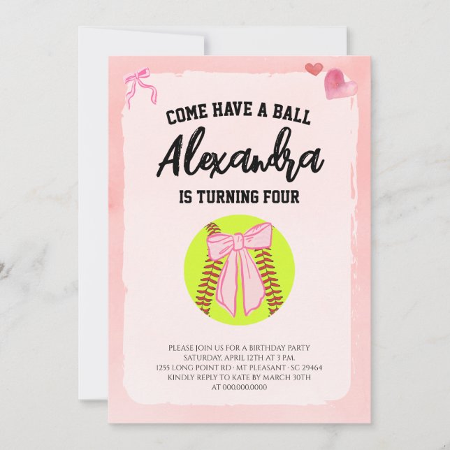 Invitación Fiesta de Cumpleaños de Softbol Coquette de Lazo R (Anverso)
