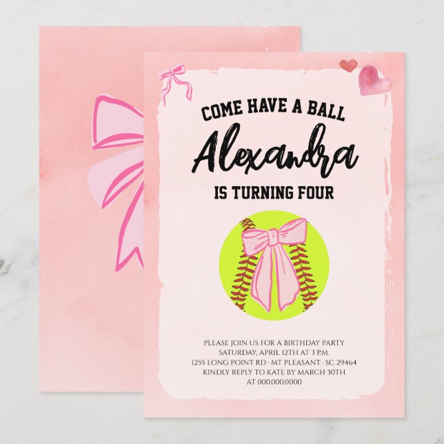 Invitación Fiesta de Cumpleaños de Softbol Coquette de Lazo R (Anverso / Reverso)