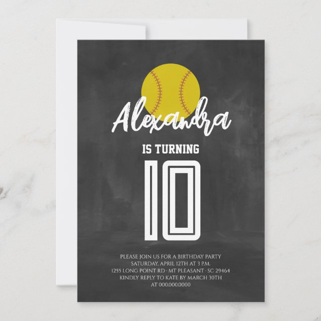 Invitación Fiesta de Cumpleaños de Softbol en Pizarra (Anverso)