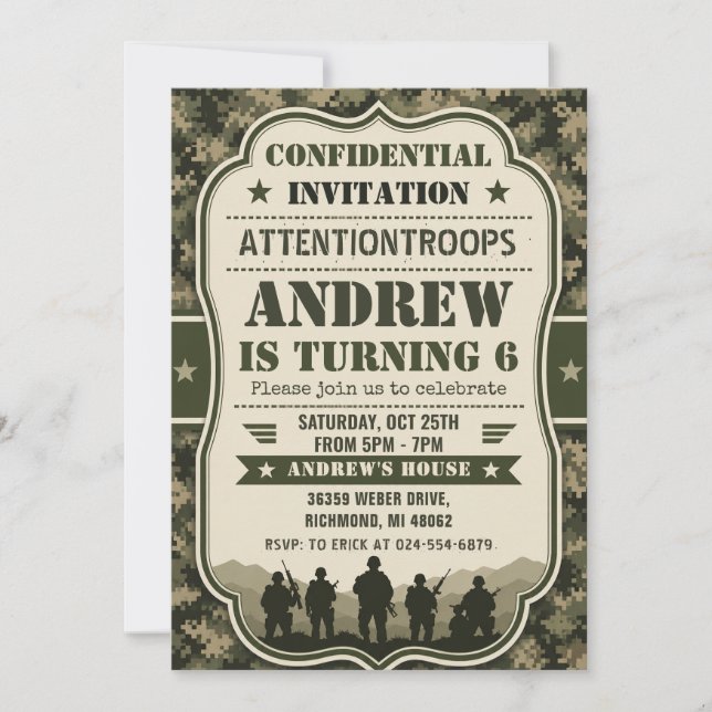 Invitación Fiesta de cumpleaños de soldado personal militar (Anverso)