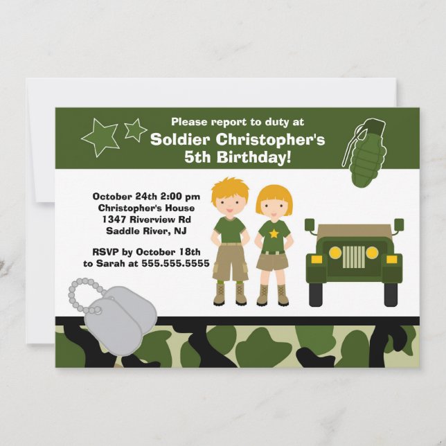 Invitación Fiesta de cumpleaños de soldados del ejército (Anverso)