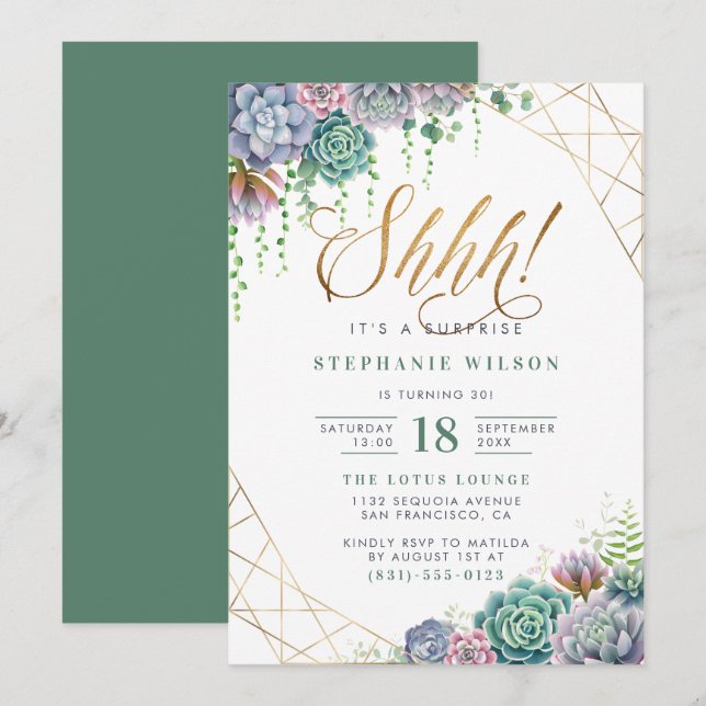 Invitación Fiesta de cumpleaños de sorpresa botánica Gold Scr (Anverso / Reverso)
