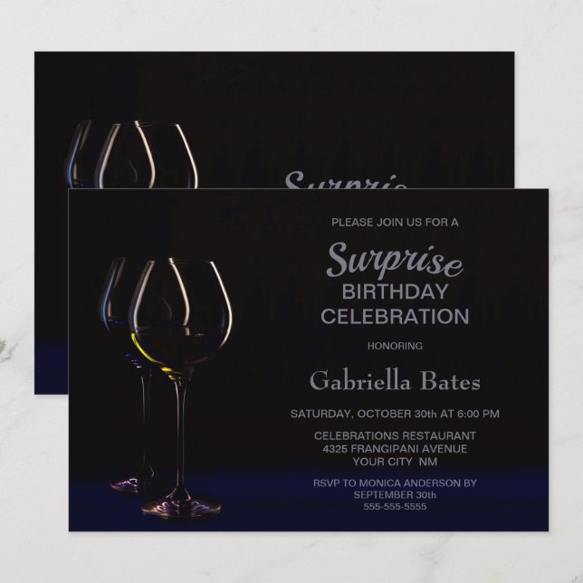 Invitación Fiesta de cumpleaños de sorpresa de Wine Glass (Anverso / Reverso)