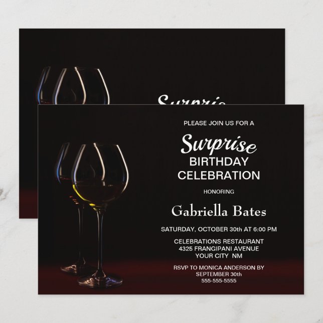 Invitación Fiesta de cumpleaños de sorpresa de Wine Glass (Anverso / Reverso)