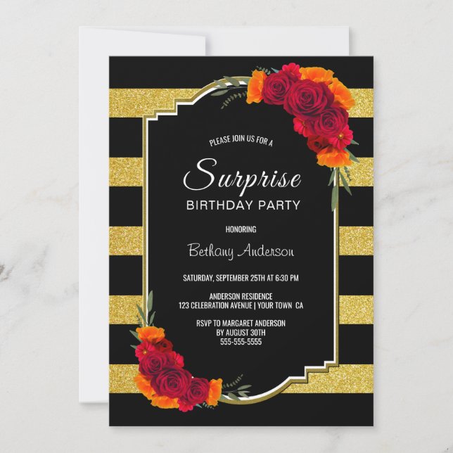 Invitación Fiesta de cumpleaños de sorpresa floral Rosa a ray (Anverso)