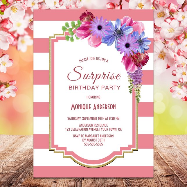 Invitación Fiesta de cumpleaños de sorpresa floral rosada a r (Subido por el creador)