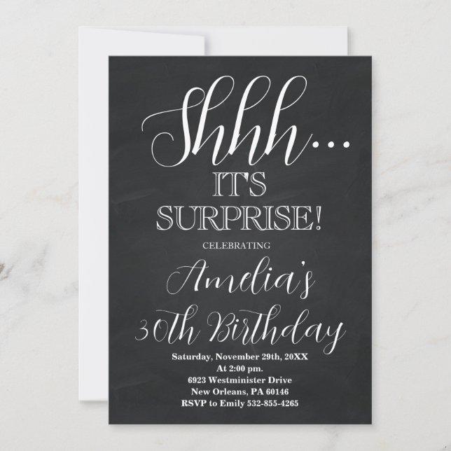 Invitación Fiesta de cumpleaños de sorpresa negra y blanca (Anverso)