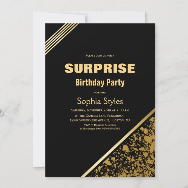 Invitación Fiesta de cumpleaños de sorpresa para negros y dor (Anverso)