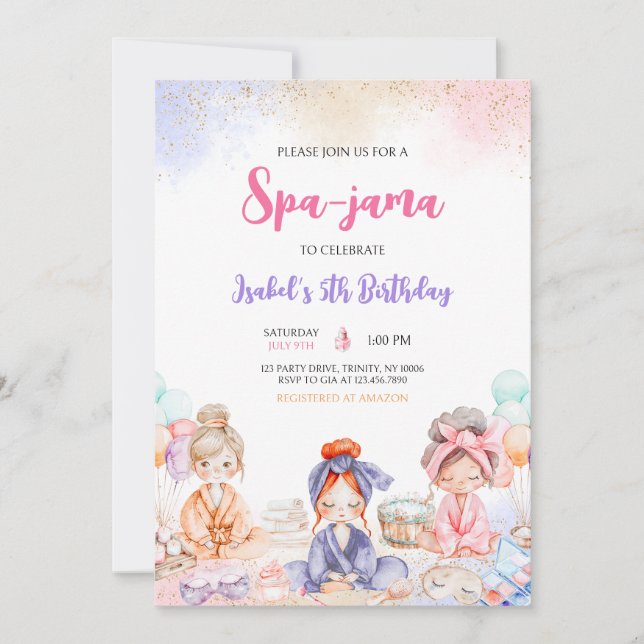 Invitación fiesta de cumpleaños de Spa-jama (Anverso)