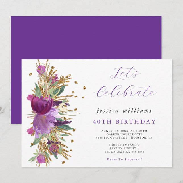 Invitación Fiesta de cumpleaños de Sparkle Flowers (Anverso / Reverso)