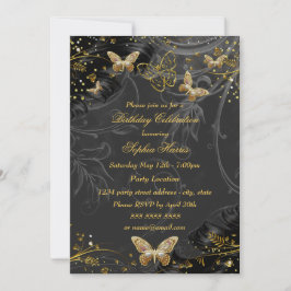 Invitación Fiesta de cumpleaños de Sparkle Gold Black Butterf
