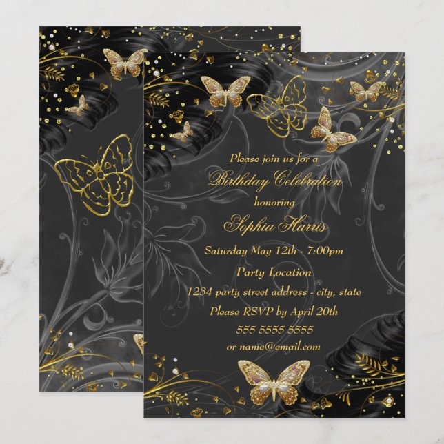 Invitación Fiesta de cumpleaños de Sparkle Gold Black Butterf (Anverso / Reverso)