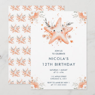 Invitación Fiesta de cumpleaños de Starfish floral Cute