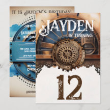 Fiesta de cumpleaños de Steampunk Gold Blue