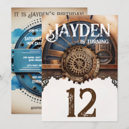 Invitación Fiesta de cumpleaños de Steampunk Gold Blue
