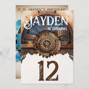 Invitación Fiesta de cumpleaños de Steampunk Gold Blue