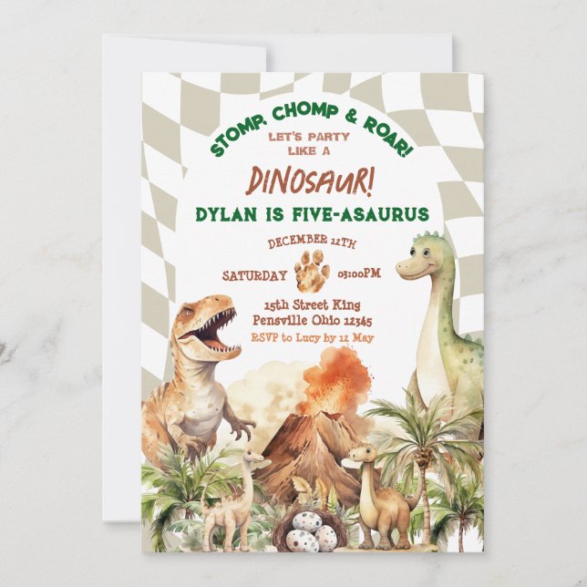 Invitación Fiesta de cumpleaños de Stomp Chomp Roar Dinosaur (Anverso)