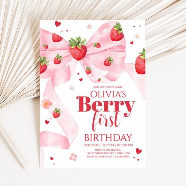 Invitación Fiesta de cumpleaños de Strawberry Coquette (Strawberry Coquette Berry First Birthday Party Invitation)