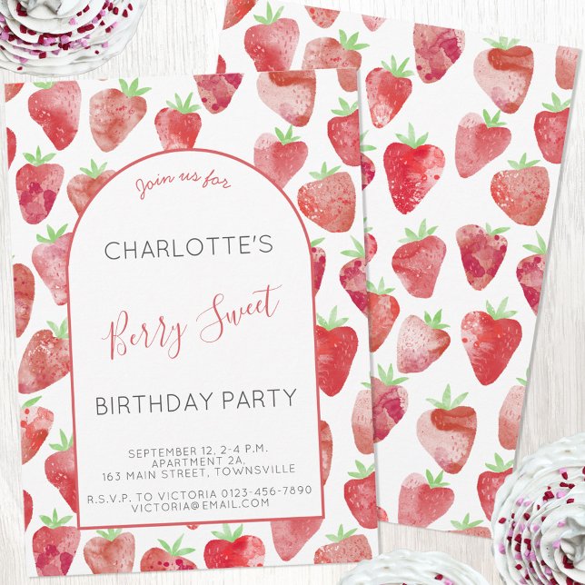 Invitación Fiesta de cumpleaños de Strawberry Watercolor (Strawberry watercolor custom birthday party invitation with digital download and print options)